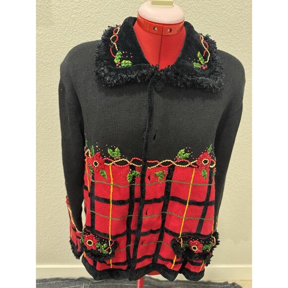 Vtg Berek 2 By Takako Sakon Cardigan Christmas Poinsettia Cabincore Sweater - Picture 1 of 15